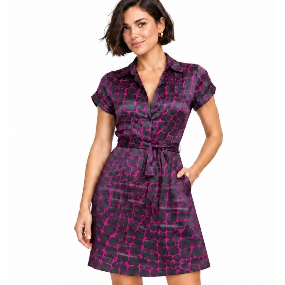 intage Y2K INC Silk Purple & Black Giraffe Print Button Up Mini Dress 2P
